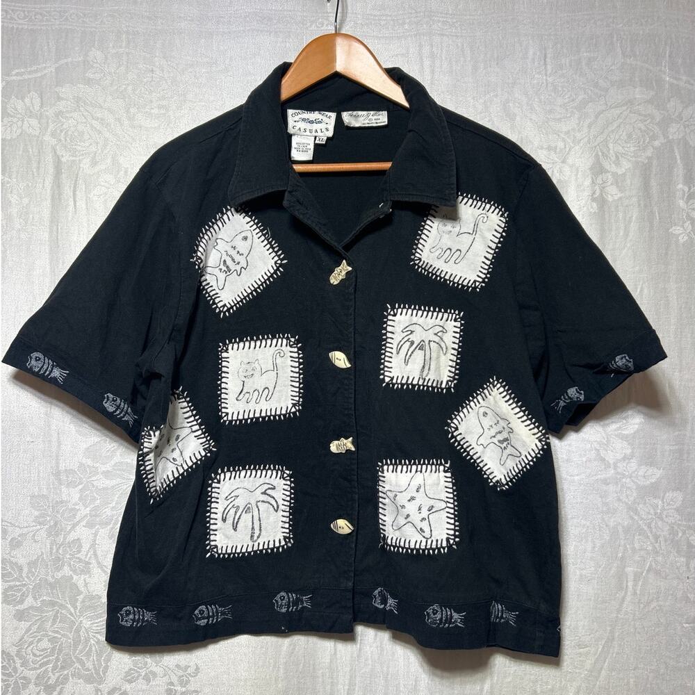 Vintage Button Up XL Black White Applique Fish Palm Trees Cat Boxy Cottage
